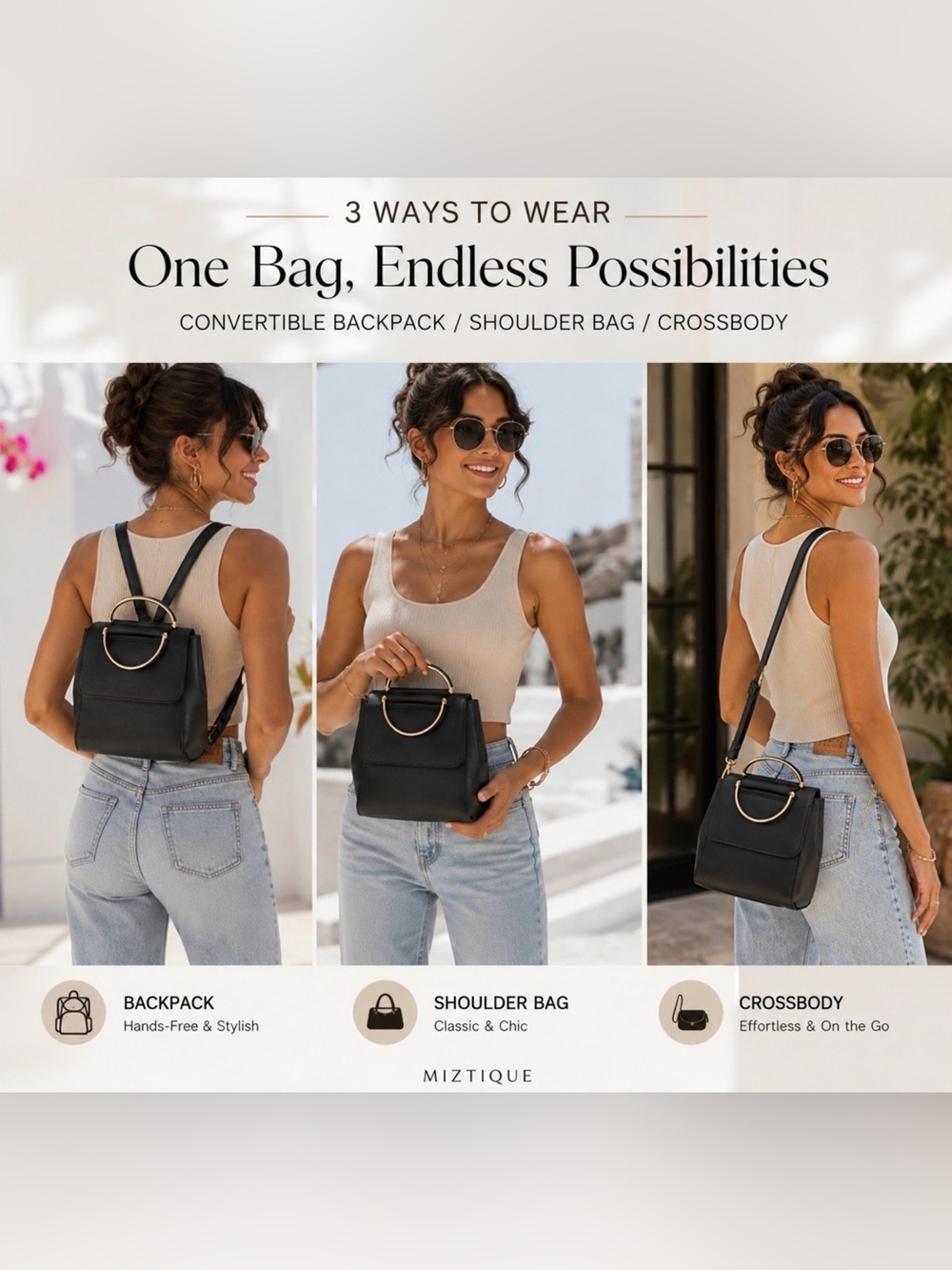 Black Convertible BackpackPurse Gold Ring Detail Minimalist Bag